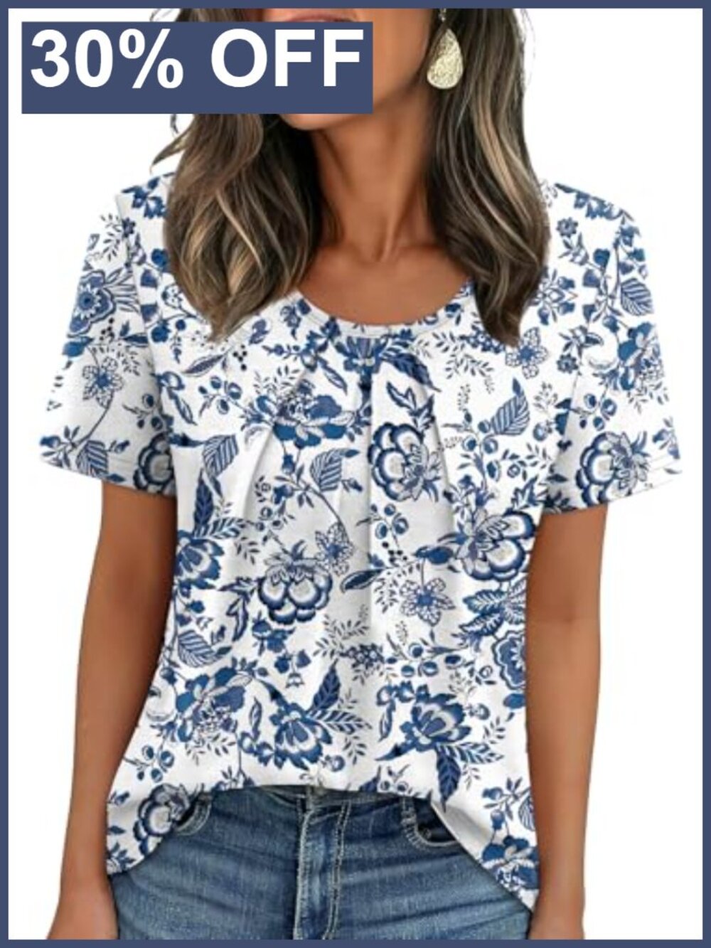 Women Pleated Short Sleeve Blouse Scoop Neck Loose Fit Business Casual Top